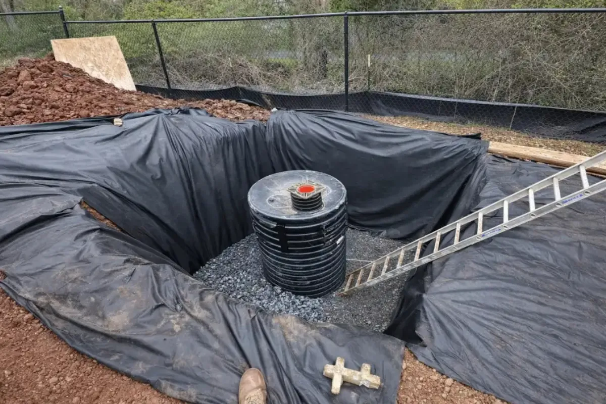 Septic tank set in a lined excavation during septic tank baffle repair in Washington Township, NJ.