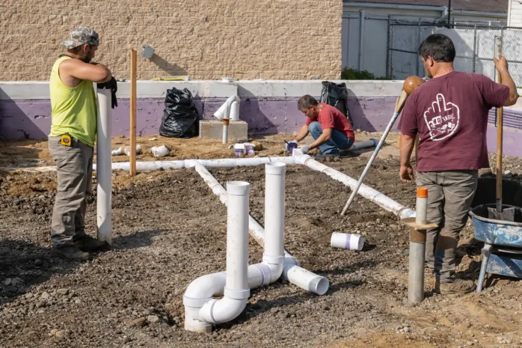 Sewer Line Repair in Lindenwold, NJ Technicians completing a septic tank baffle replacement with exposed risers and piping in Lindenwold, NJ.