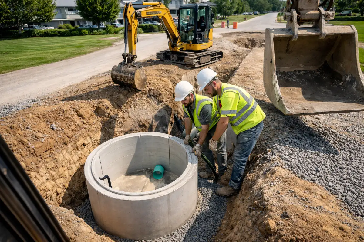 Septic tank conversion Technicians installing access components during a septic tank conversion in Evesham, NJ as part of a municipal sewer connection project.
