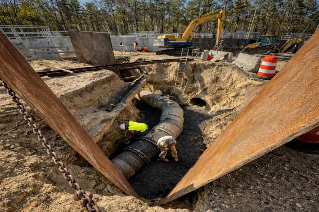Septic tank conversion Crew performing septic tank conversion in Evesham, NJ by excavating the old system and connecting the property to municipal sewer lines.