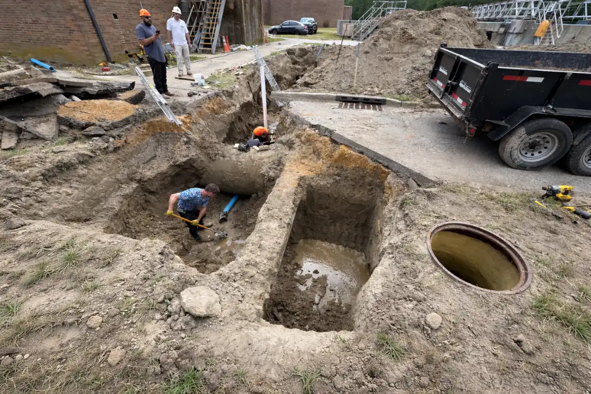 Septic tank excavation in Evesham, NJ showing multiple dug pits and technicians preparing the site for septic system work.