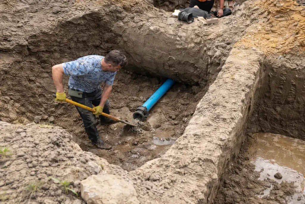 Septic tank excavation trench in Evesham, NJ with a technician exposing and adjusting septic piping during excavation work.