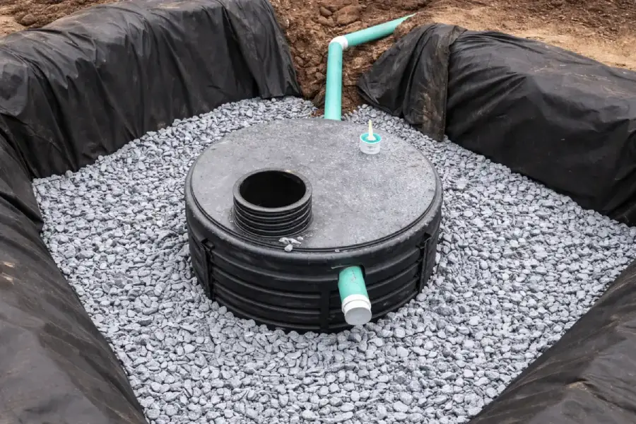 Newly installed septic tank set on a gravel foundation during a septic system service project in Evesham, NJ.