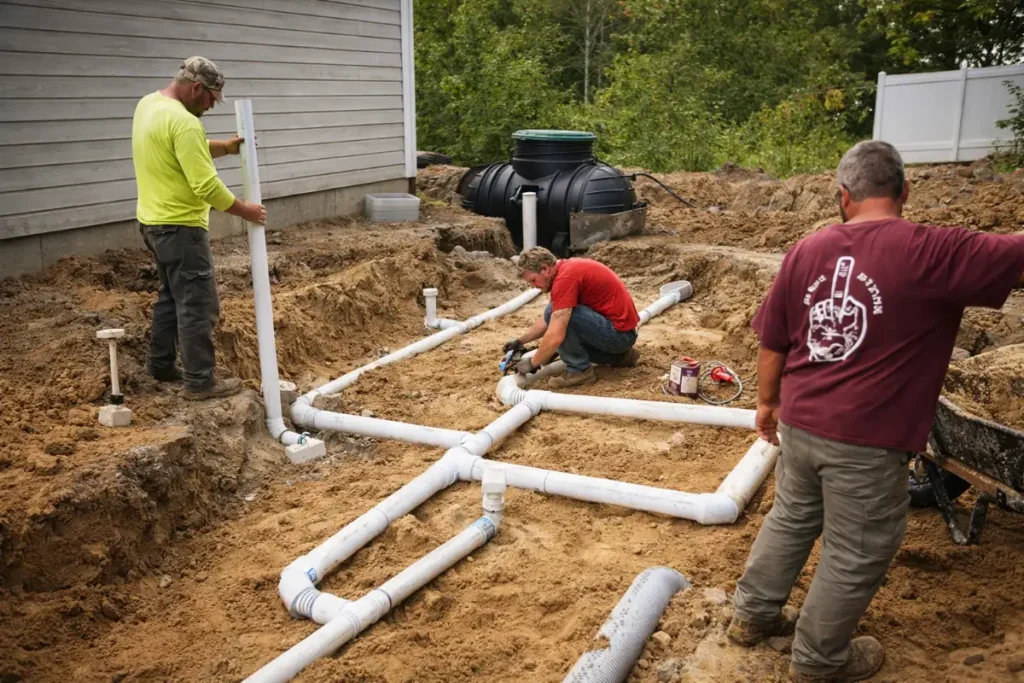 Technicians installing a residential septic treatment system with PVC piping and tank setup at a home in Evesham, NJ.