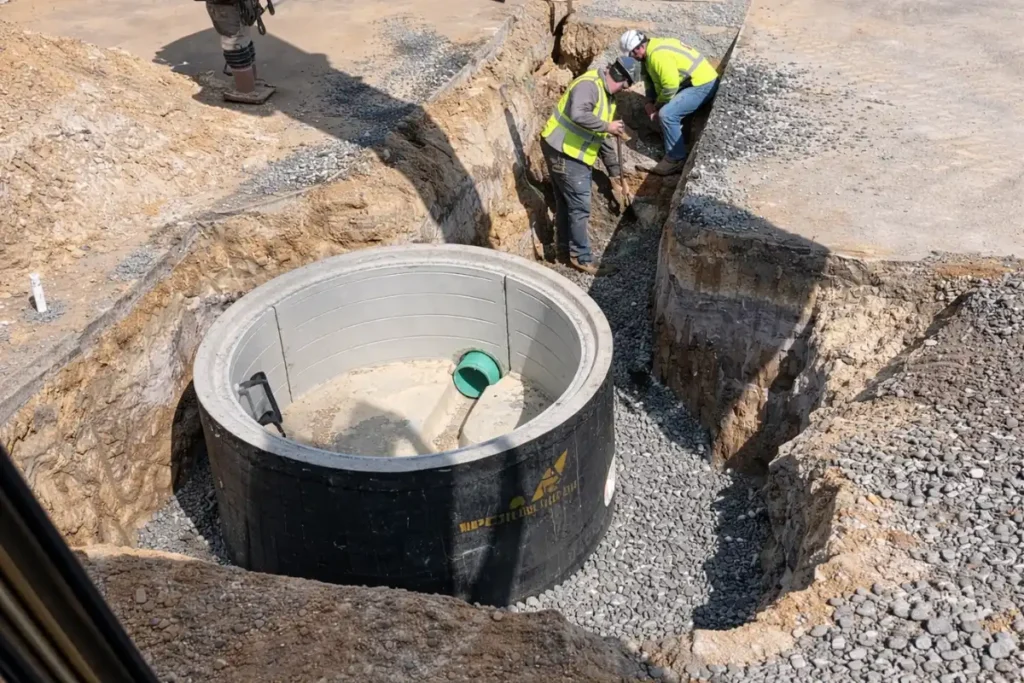Septic treatment system tank installed inside an excavated trench during professional septic treatment system installation in Evesham, NJ.