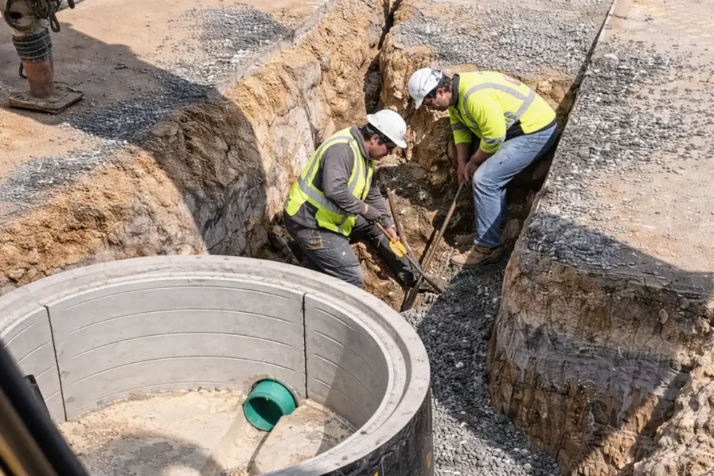 Technicians connecting septic piping during a septic treatment system installation in Evesham, NJ to ensure proper wastewater flow.