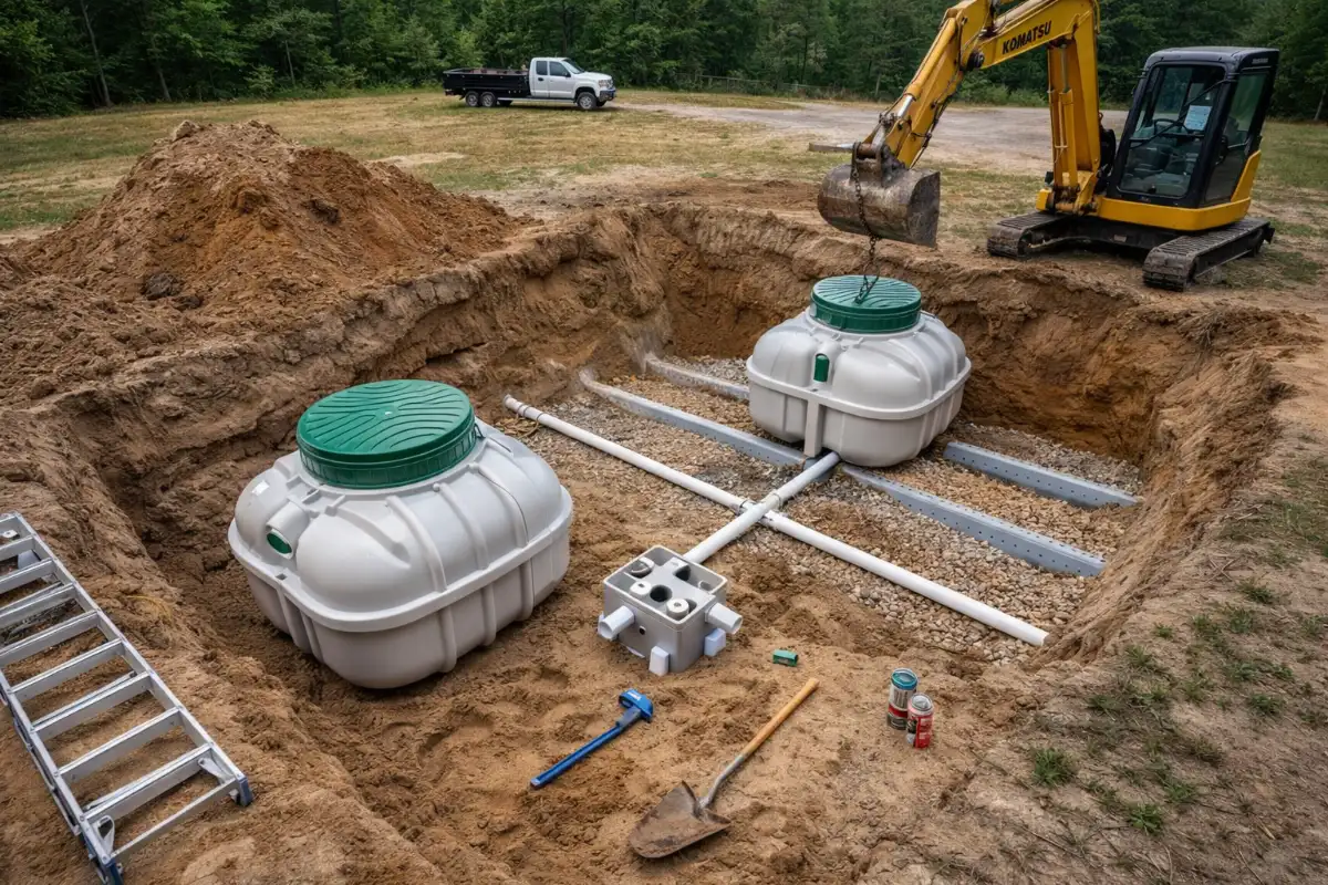 Professional septic treatment system installation in Evesham with dual treatment tanks, gravel base, and PVC piping being set in place during residential excavation.