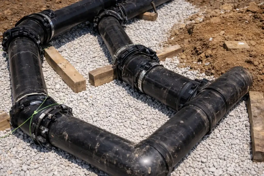 Close-up of sewer line assembly during installation in Echelon, NJ.