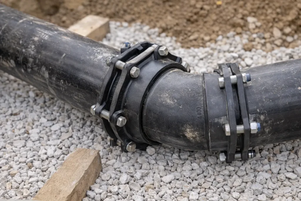 New sewer line installed on a gravel base during a sewer line repair project in Laurel Springs, NJ.