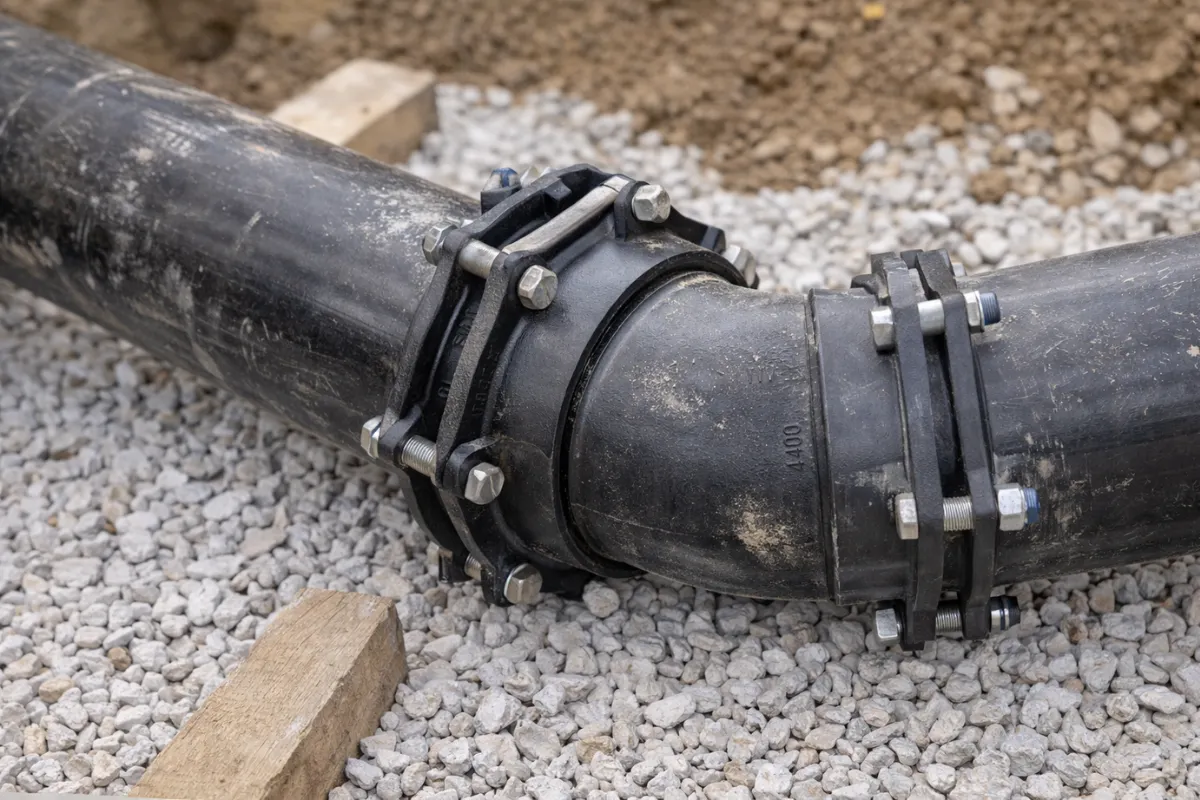 New sewer line installed on a gravel base during a sewer line repair project in Laurel Springs, NJ.
