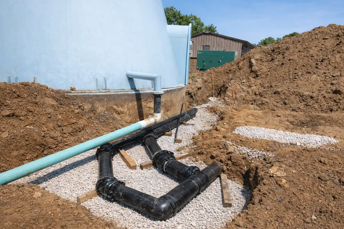 Exposed sewer line piping installed during a septic system repair in Echelon, NJ.