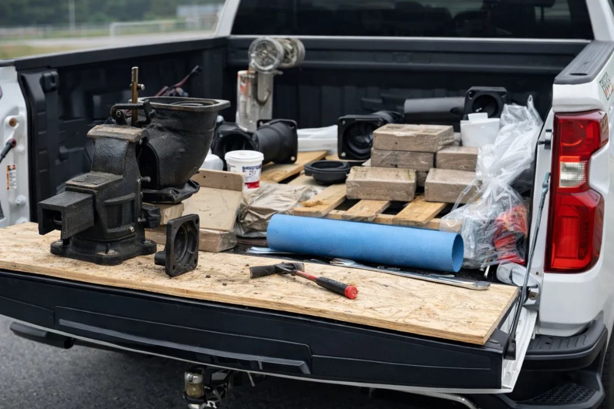 About sewer line repair tools and materials staged in a service truck in Ashland, NJ.