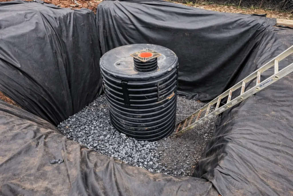 Professionally installed septic tank on a level gravel base, illustrating why licensed septic contractors are required in New Jersey.