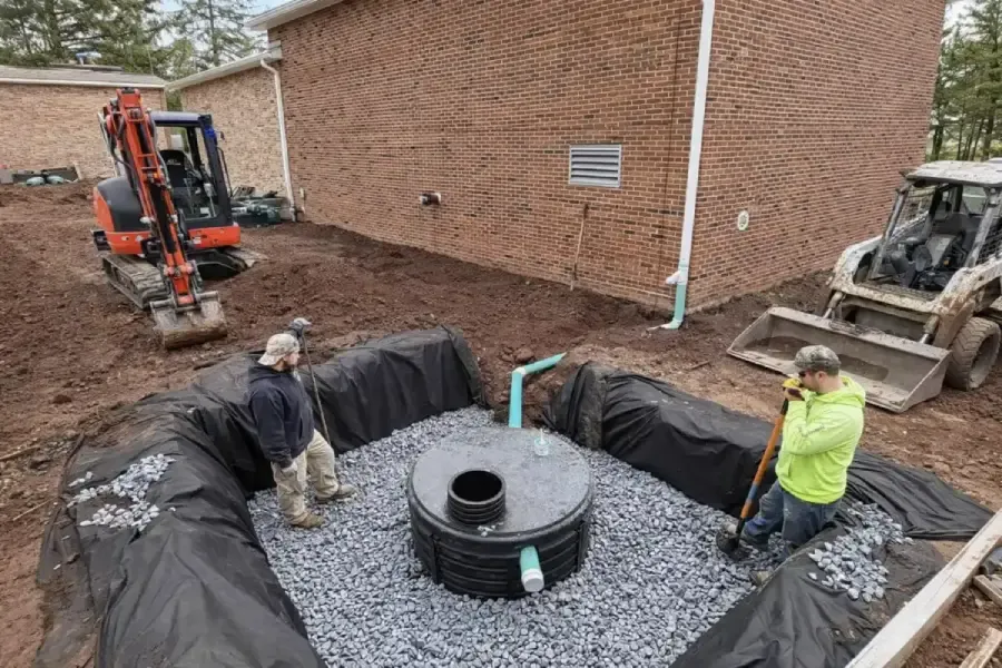 The Sewer Kings crew performing septic tank maintenance at an Evesham, NJ property with excavation equipment