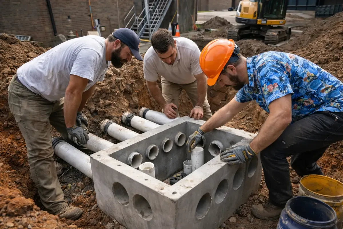 The Sewer Kings crew repairing a septic distribution box during drain field work in Evesham, NJ