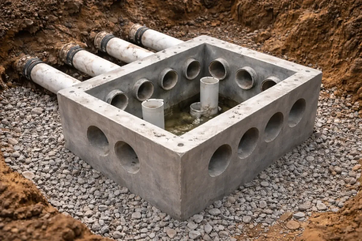 New septic distribution box installation during drain field replacement in Evesham, NJ