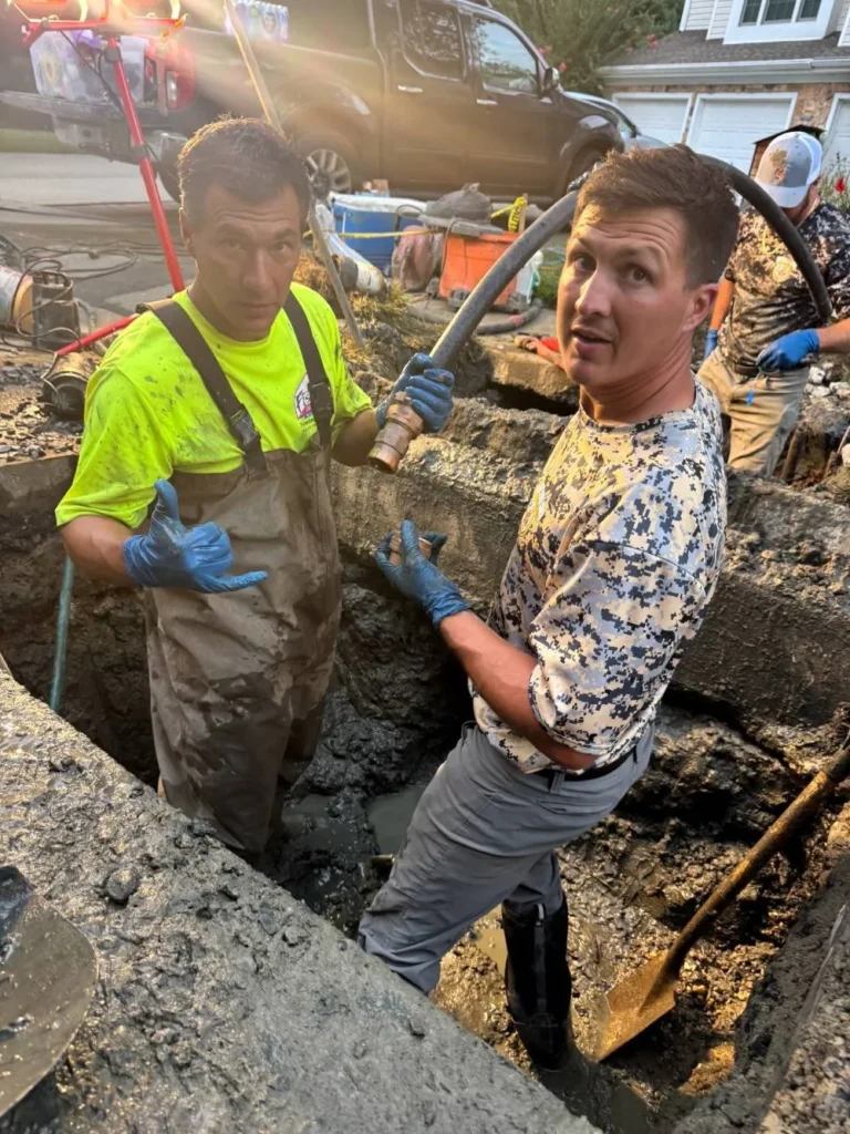 The Sewer Kings crew performing an emergency sewer line repair in Evesham, NJ