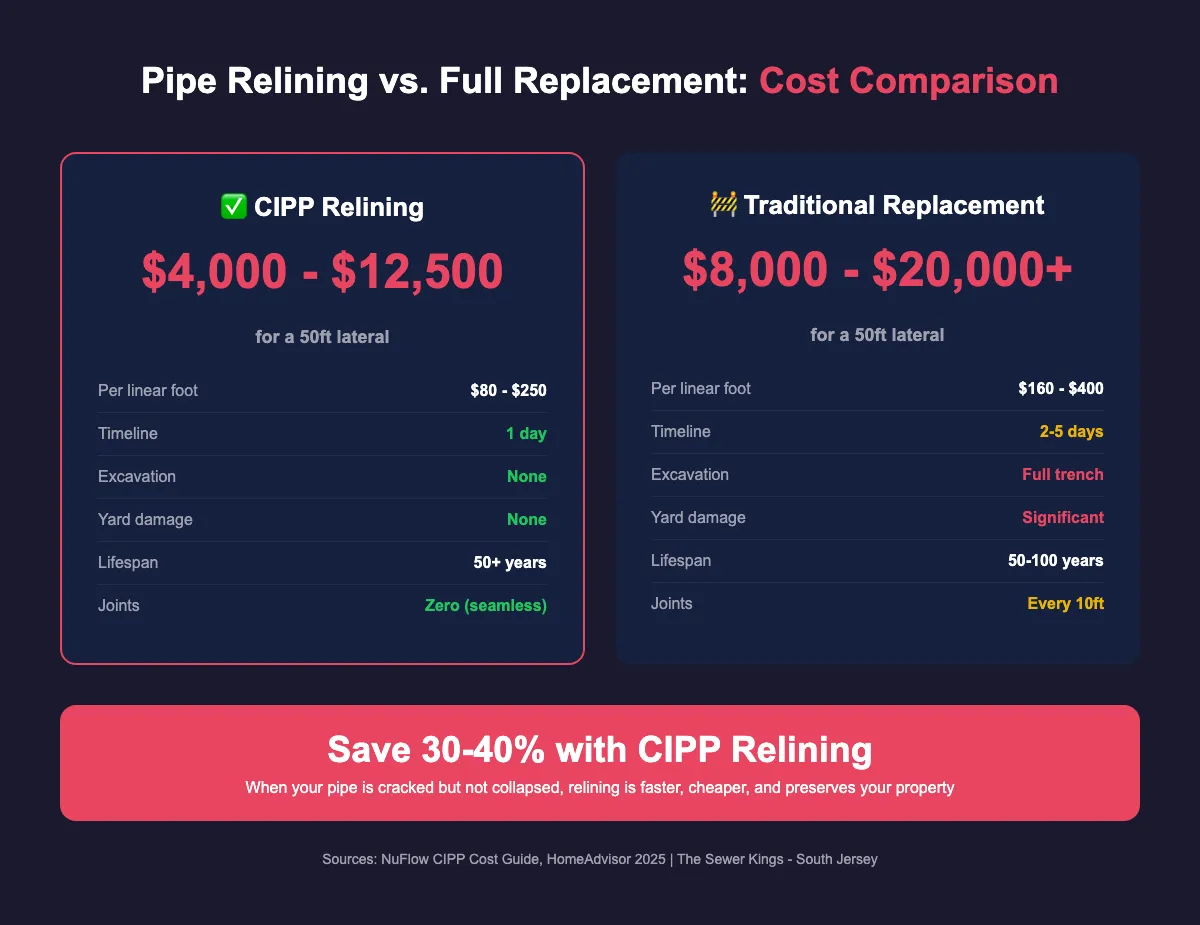 Side-by-side cost comparison of pipe relining versus traditional sewer line replacement in New Jersey
