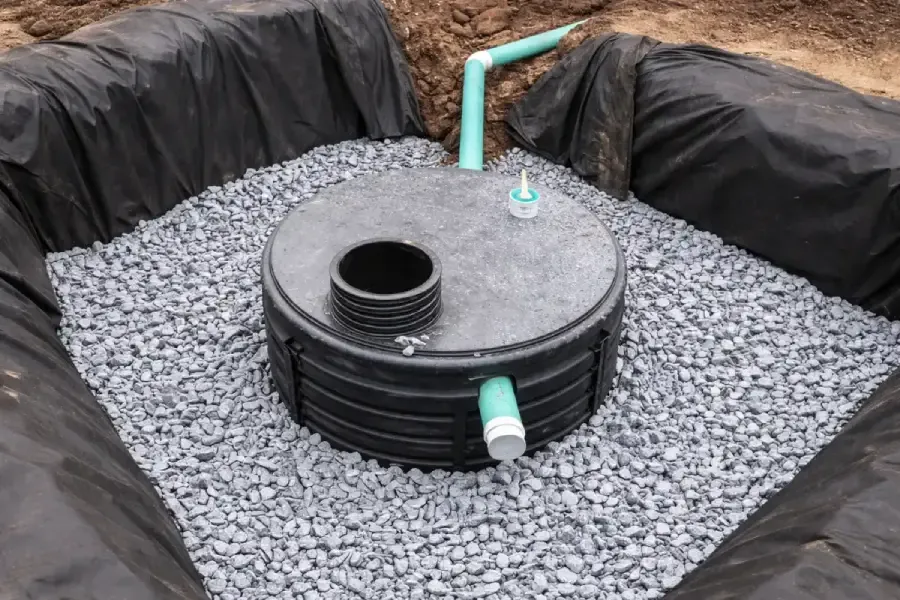 Septic tank set on gravel base during residential installation in Evesham, NJ