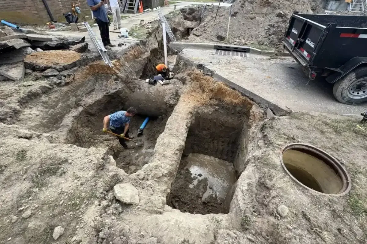 Deep trench excavation for sewer line repair in Evesham Township, NJ