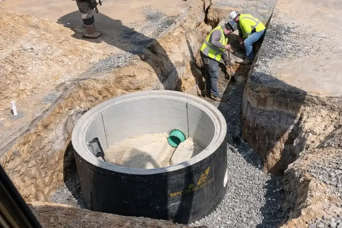 Septic tank baffle area exposed during excavation for filter cleaning in New Jersey