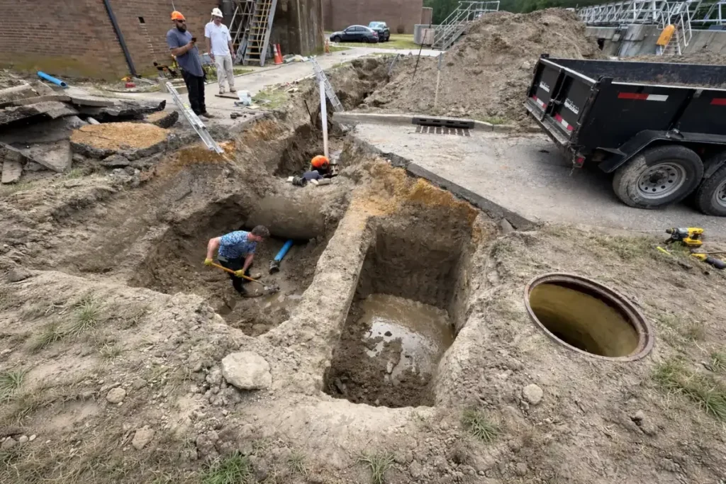 Septic tank excavation site after successful locating service in Evesham, NJ