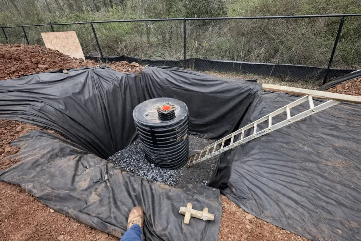 Licensed septic professional performing baffle installation during riser setup in New Jersey
