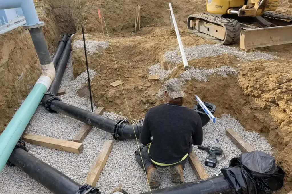 Sewer line trench installation and pipe work in progress in New Jersey