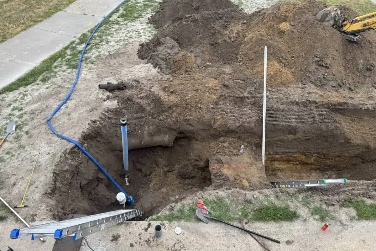 Exposed drain line at the bottom of an open access pit dug beside a residential sidewalk
