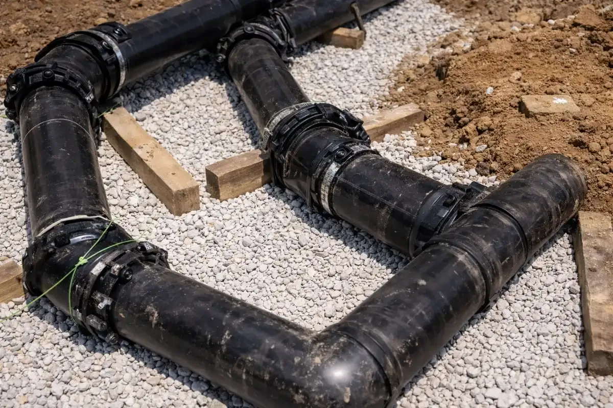 Assembled drain pipe bends and couplings resting on stone bedding inside an open excavation