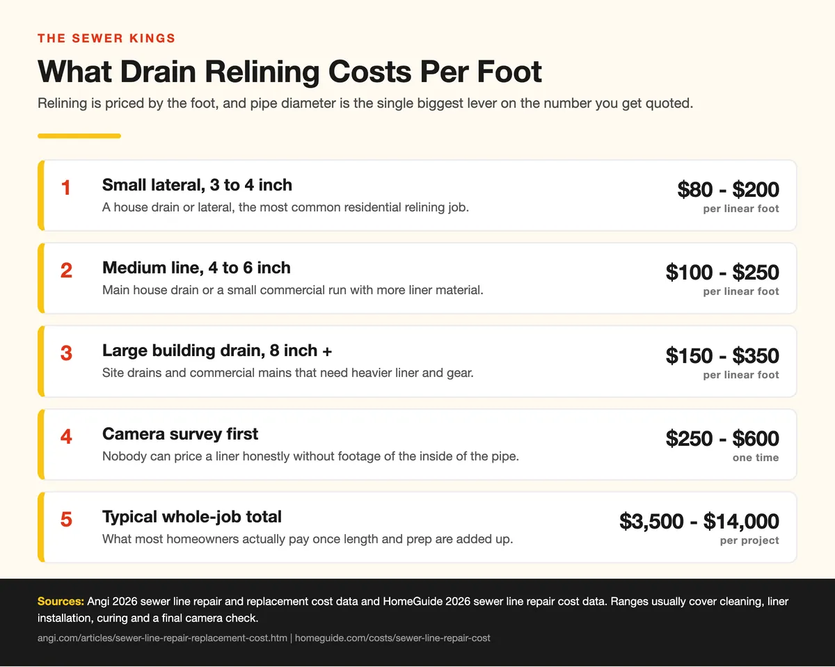 Chart of drain relining costs per linear foot by pipe diameter plus typical whole project totals