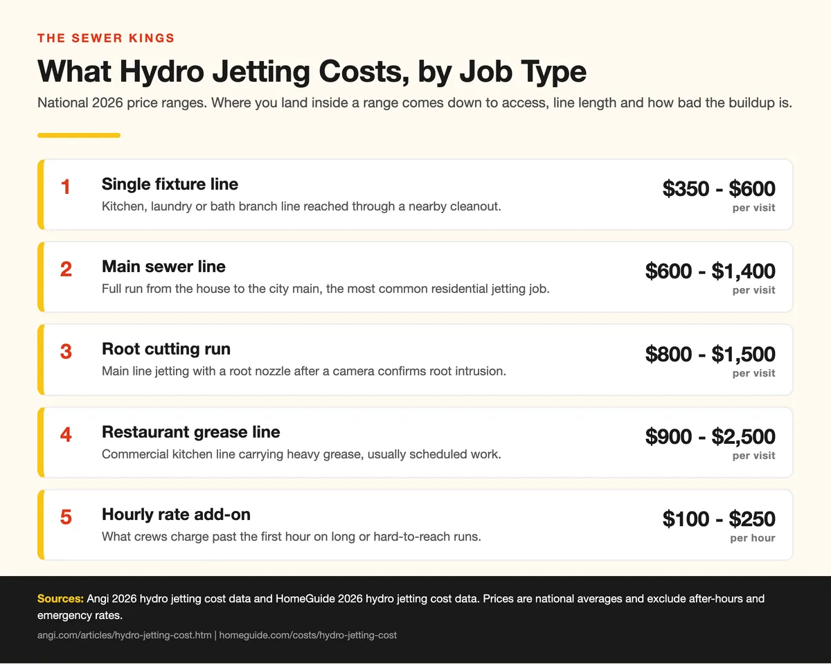 How Much Does Hydro Jetting Cost? Chart of 2026 hydro jetting price ranges by job type from single fixture lines to restaurant grease lines