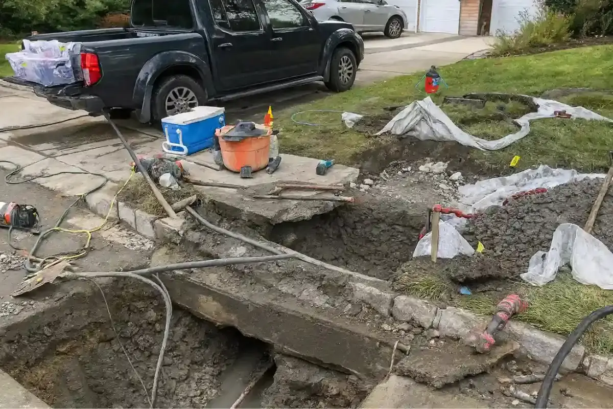 What Causes Sewer Line Backups, and How Can You Prevent Them? Open trench across a residential front yard with a work truck at the curb during a sewer line repair