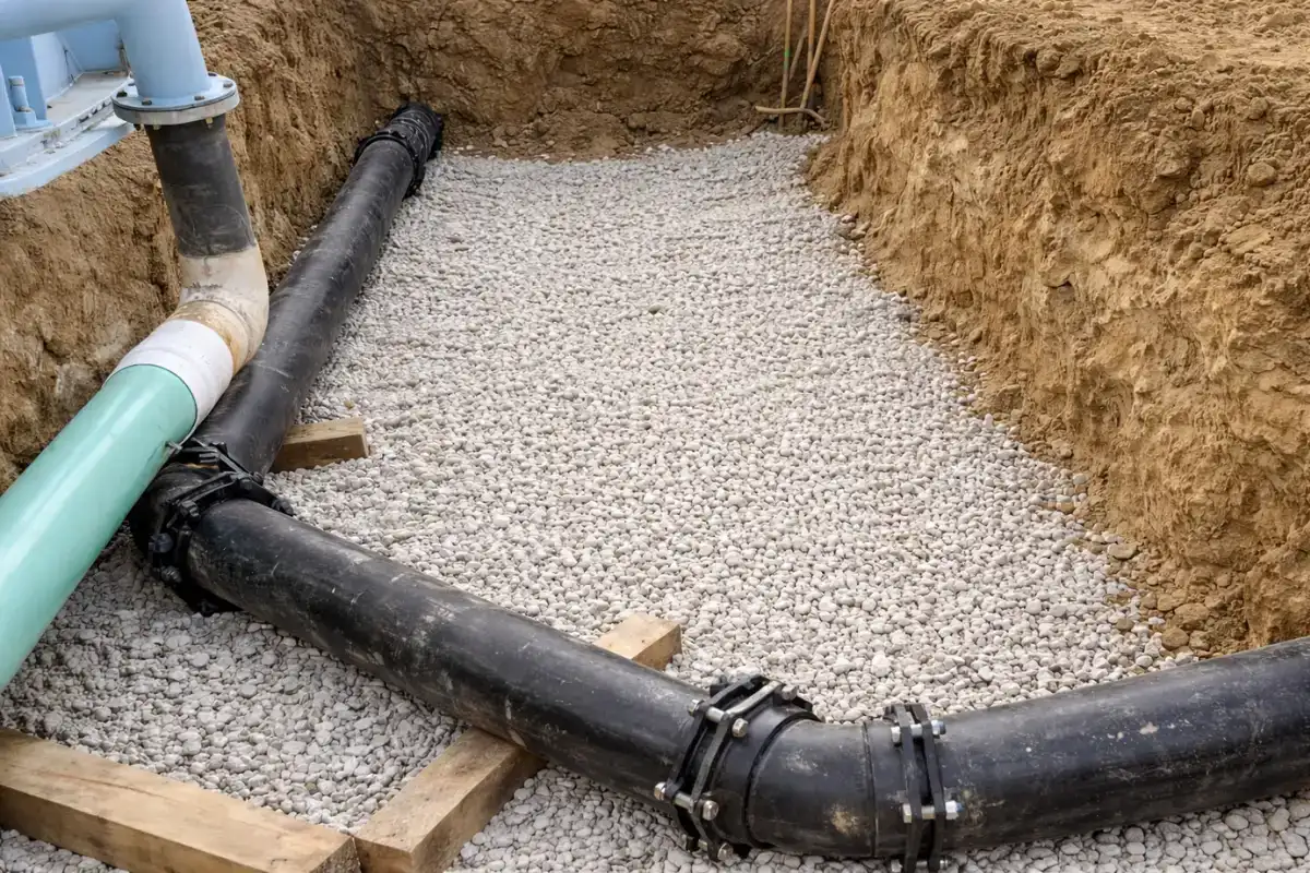 New sewer pipe bedded on clean crushed stone inside an open trench before backfill