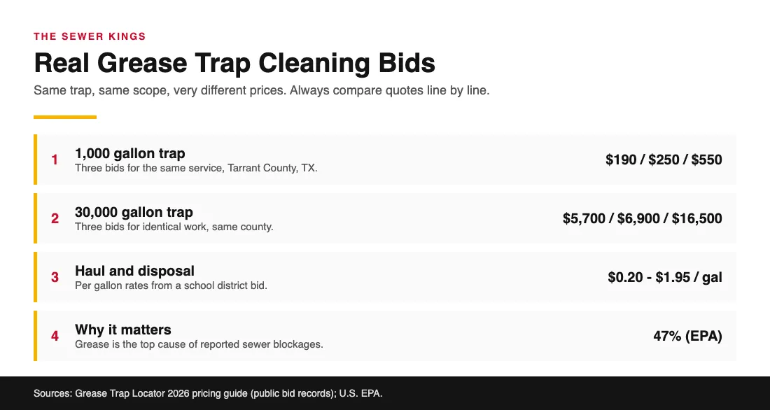 How Much Does Grease Trap Cleaning Cost? Chart comparing real grease trap cleaning bids by trap size and per gallon disposal rates
