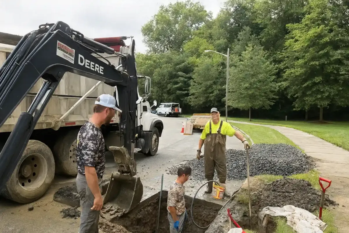 How Long Does Trenchless Pipe Bursting Take? Crew members and a dump truck beside an open curbside excavation on a residential street