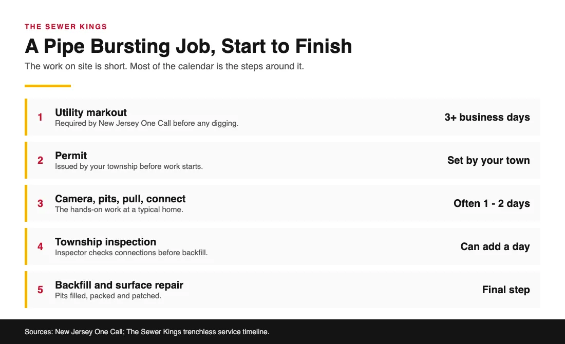 How Long Does Trenchless Pipe Bursting Take? Timeline chart of a pipe bursting job from utility markout to final backfill