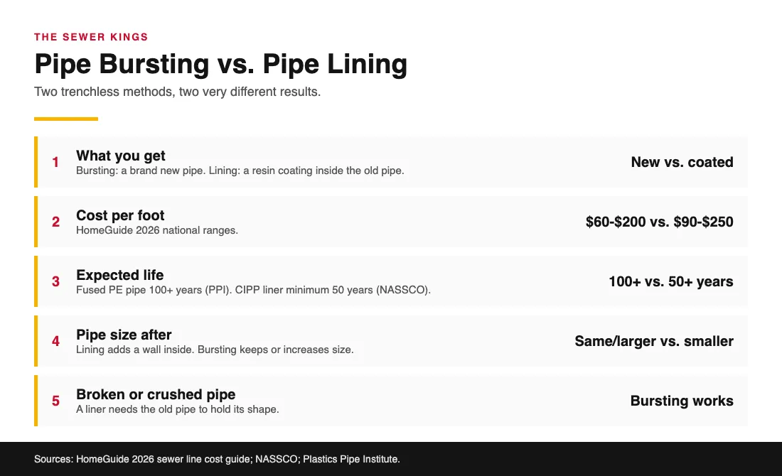 Pipe Bursting vs. Pipe Lining: Which Trenchless Method Is Right for You? Comparison chart of pipe bursting and pipe lining cost, lifespan and best use