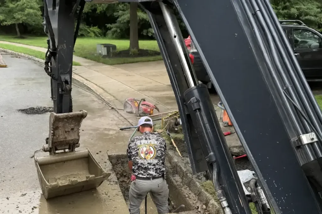 Crew member and excavator at a street dig for a root-damaged drain line in Cherry Hill Township, NJ