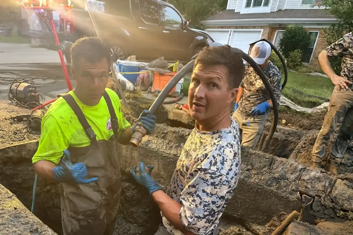 Two Sewer Kings crew members working inside an open pit at a home