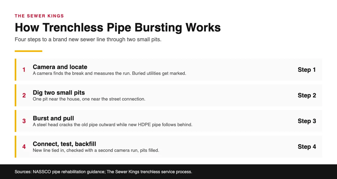 Four step chart showing how trenchless pipe bursting replaces an old sewer line