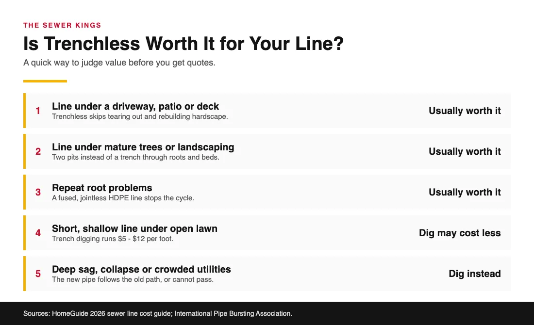 Is Trenchless Sewer Repair Worth the Extra Cost? Decision chart showing when trenchless sewer repair is worth the cost and when a dig is better