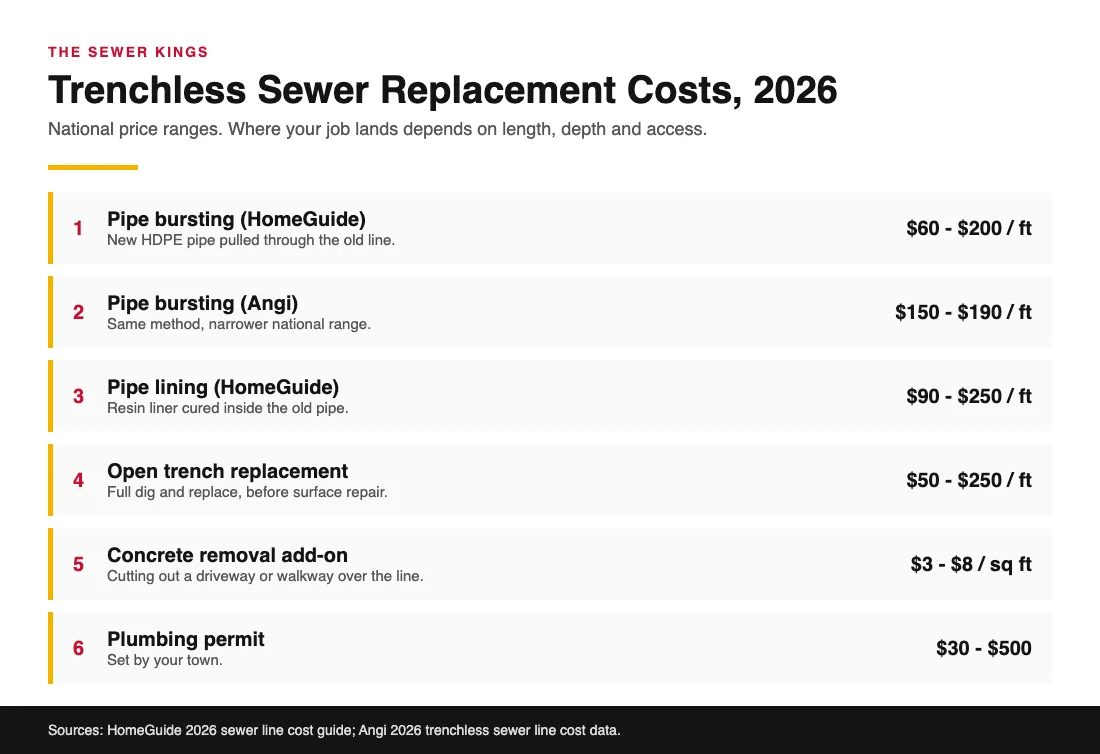 How Much Does Trenchless Sewer Line Replacement Cost? Chart of 2026 trenchless sewer line replacement price ranges per linear foot