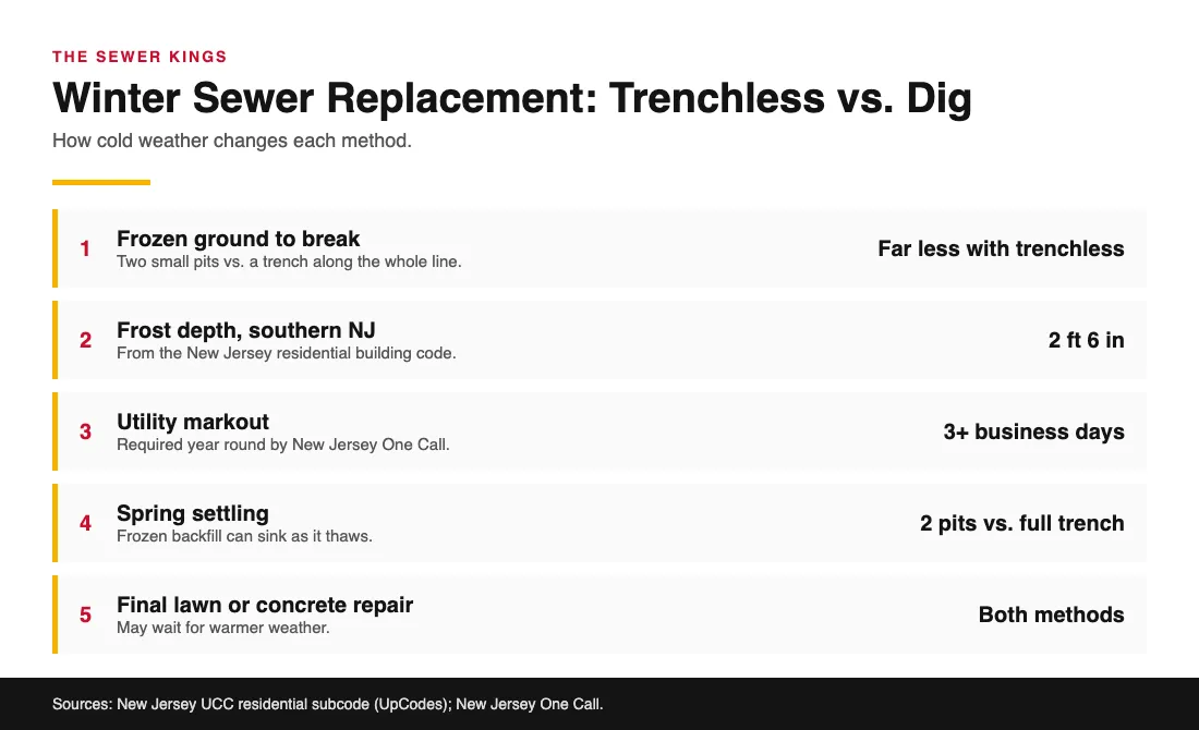 Can Trenchless Sewer Replacement Be Done in Winter? Chart comparing how winter affects trenchless pipe bursting and a traditional trench dig