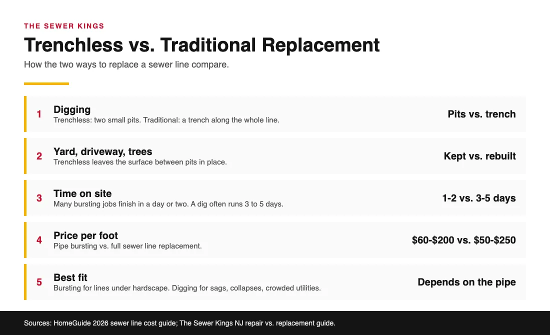Trenchless Sewer Replacement vs. Traditional Dig-and-Replace Comparison chart of trenchless pipe bursting and traditional open trench sewer replacement