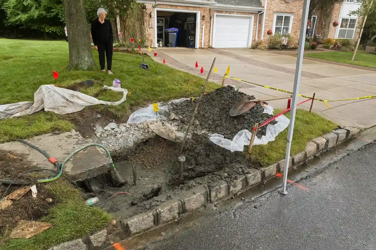 Trenchless Sewer Replacement vs. Traditional Dig-and-Replace Small taped off curbside excavation in front of a home with the lawn left intact