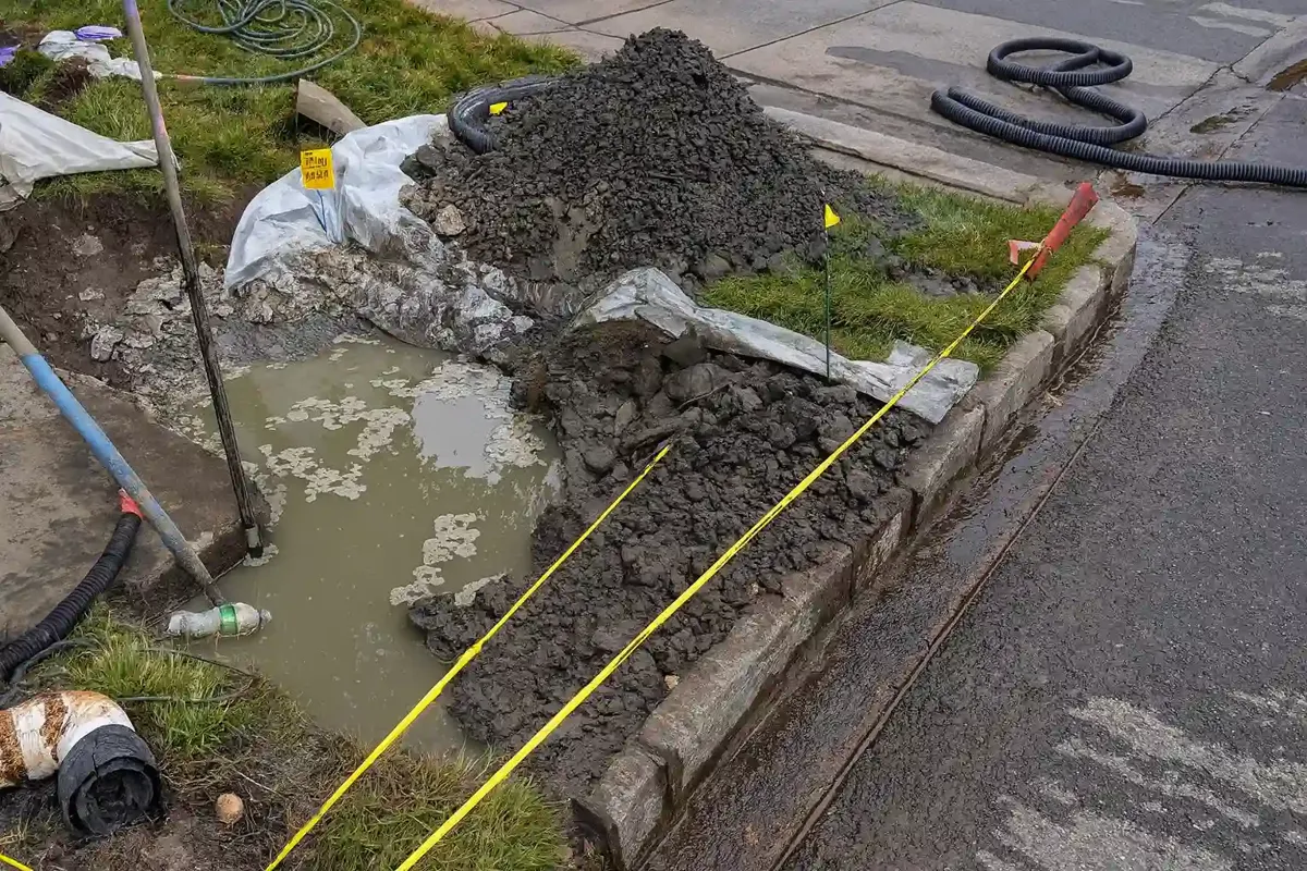 Signs Your Water Line Needs to Be Replaced Curbside excavation filled with standing water next to a lawn and street