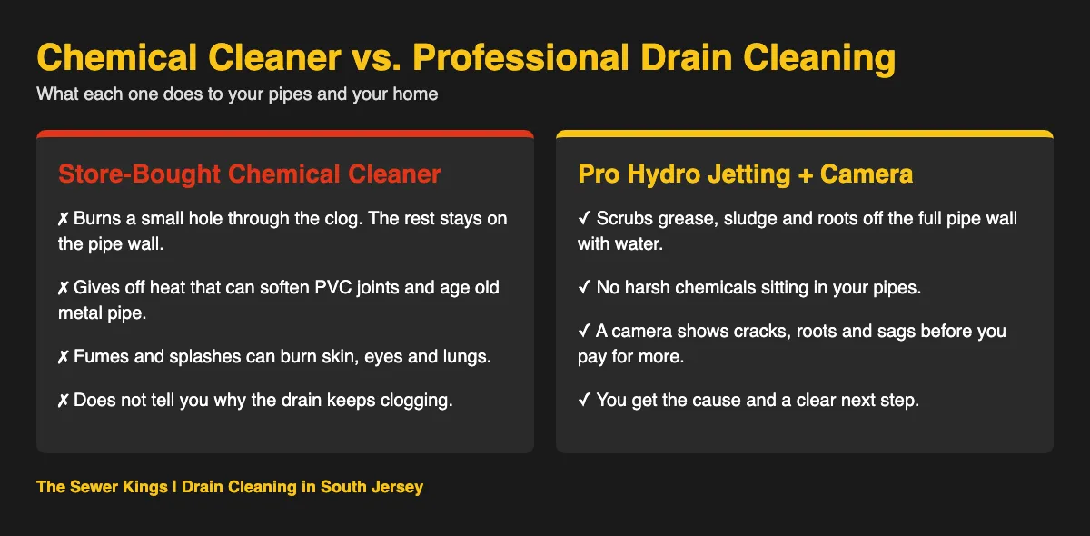 Are Chemical Drain Cleaners Bad for Your Pipes? Infographic comparing chemical drain cleaner with professional hydro jetting and camera inspection
