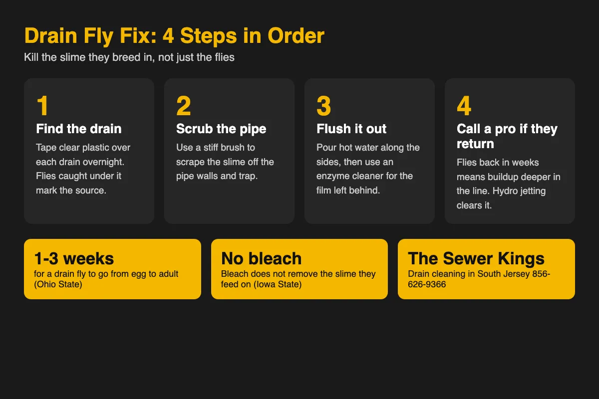 How Do You Get Rid of Drain Flies? Infographic showing four steps to get rid of drain flies