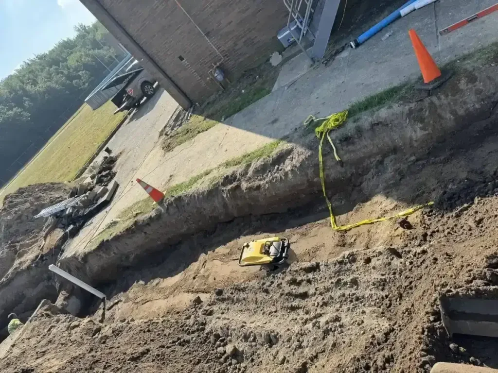 What Evesham Township Requires Before a Sewer Line Repair Dig Open sewer trench taped off with a plate compactor ready for backfill at an Evesham Township, NJ job